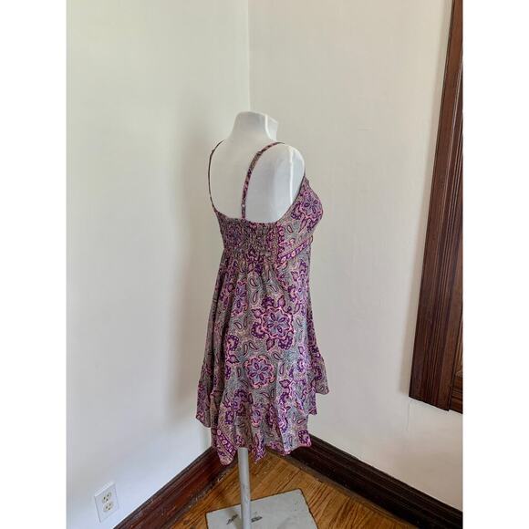 Indian VTG Silk Blend Paisley Floral Boho Sun Dress Flowing Fairy Bow Ruffle - Picture 7 of 14